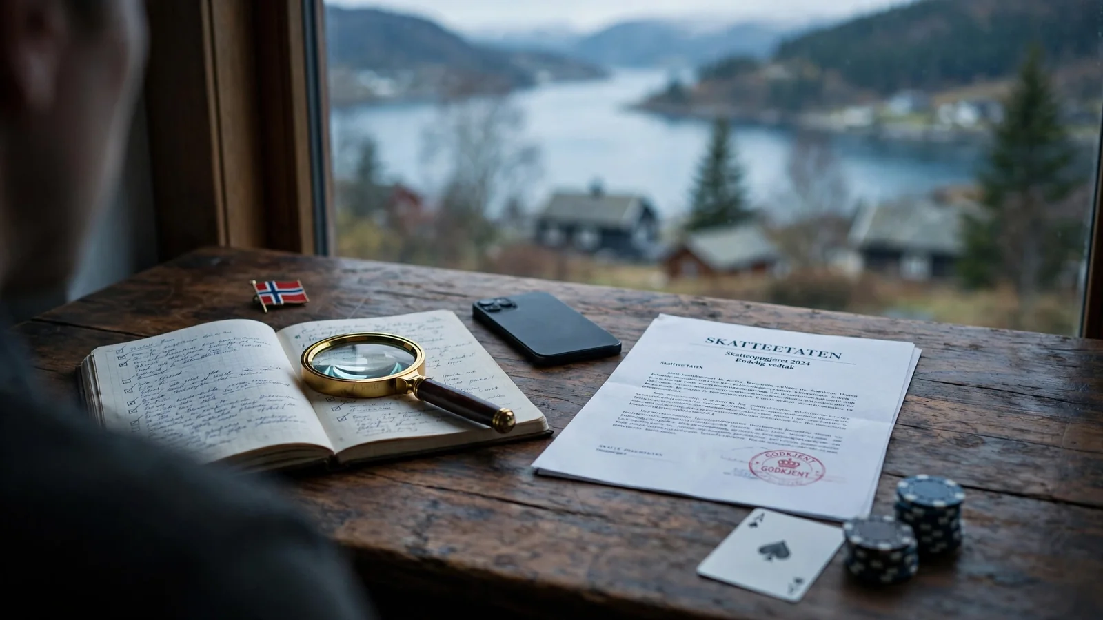 Inspisering av et sikkert nettcasino på et skrivebord med forstørrelsesglass og dokumenter