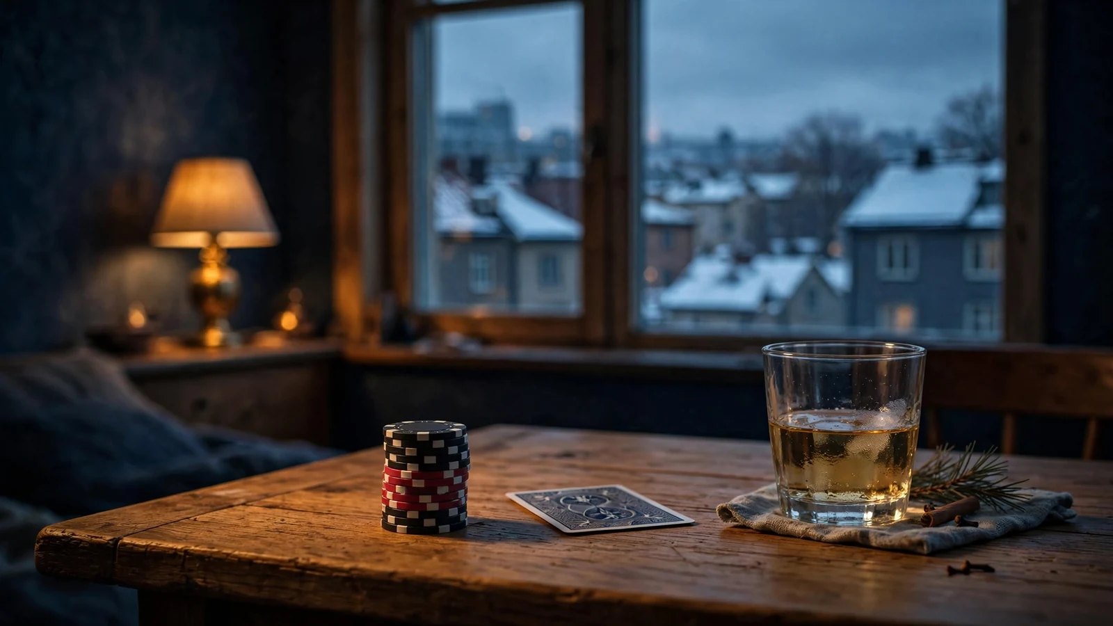 Stabel med jetonger og akevitt-glass på et trebord i en mørk Oslo-leilighet