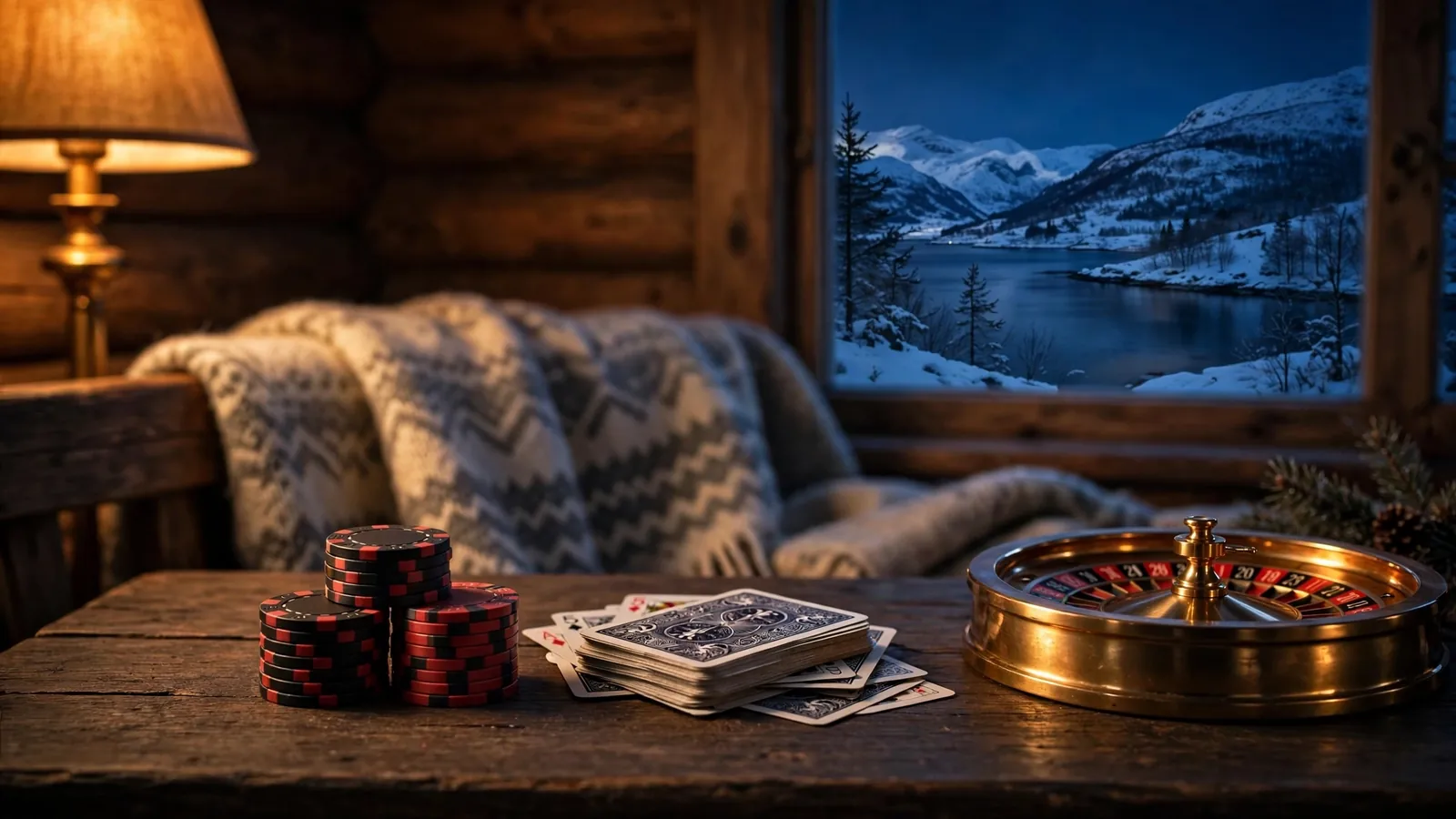 Casino-chips, spillkort og roulettehjul på et mørkt trebord i en norsk hytte
