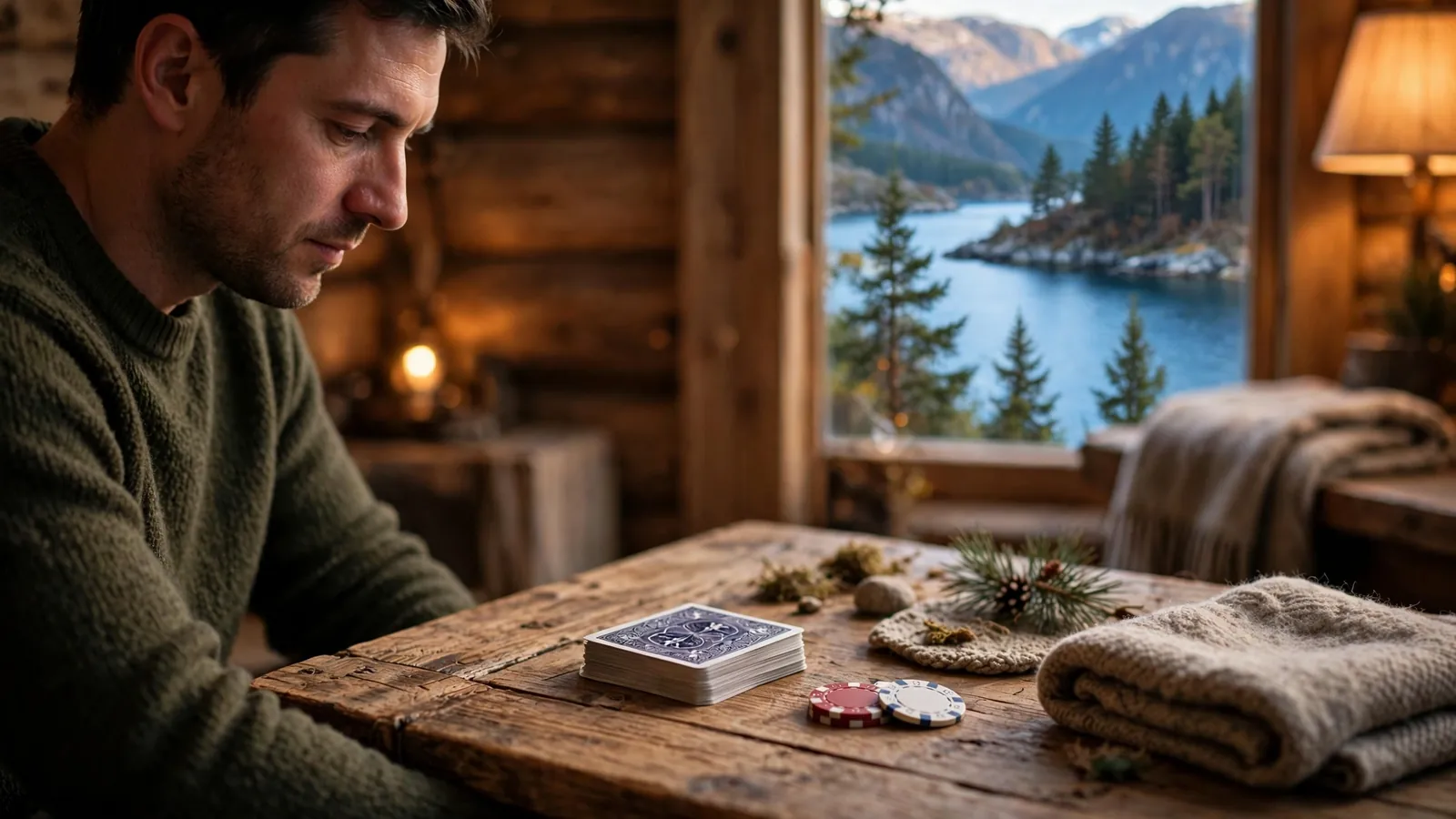 Bunke med spillkort og jetonger på et trebord i en norsk hytte