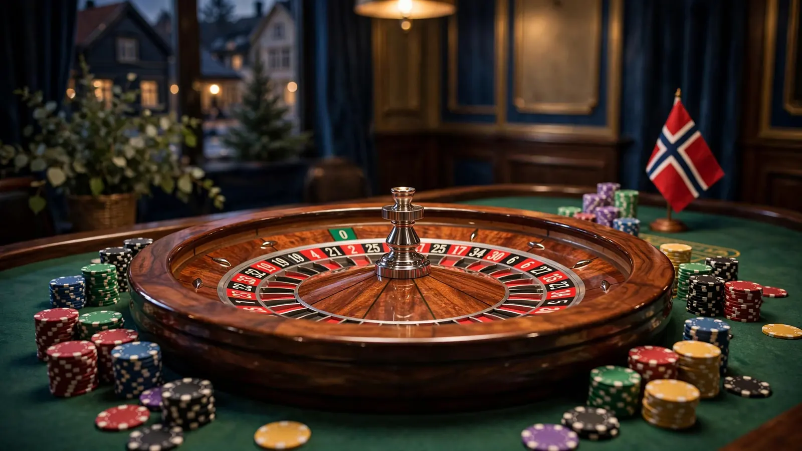 Europeisk roulettehjul med jetonger på et casinoinspirert bord i norsk stil