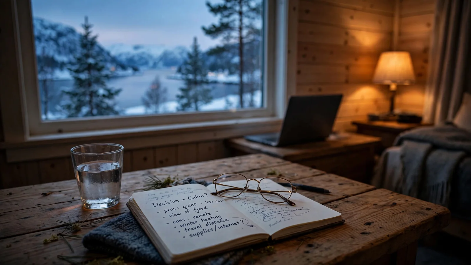Norsk stue med notatbok, lesebriller og lukket laptop ved vindu mot fjord