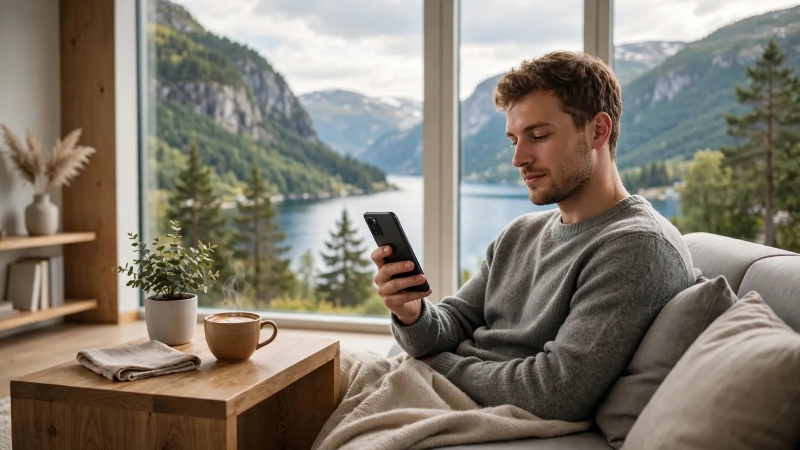 En person slapper av i en moderne norsk stue med mobiltelefonen i hånden