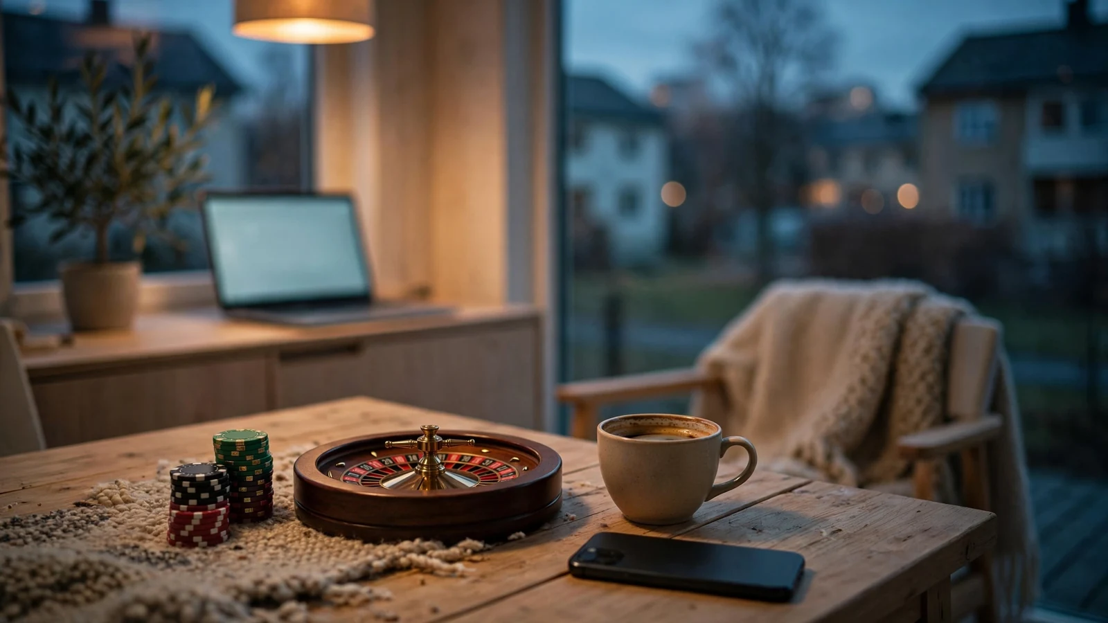 Moderne norsk stue med rulettbord og jetonger på bordet