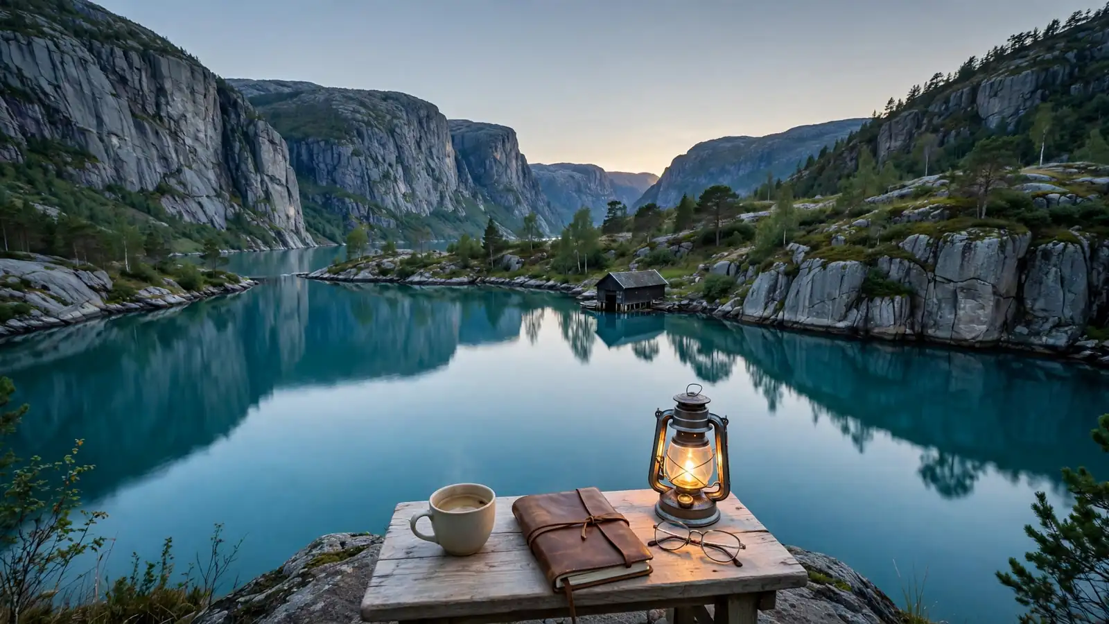 Rolig norsk fjord ved skumring med trebord og kaffekopp